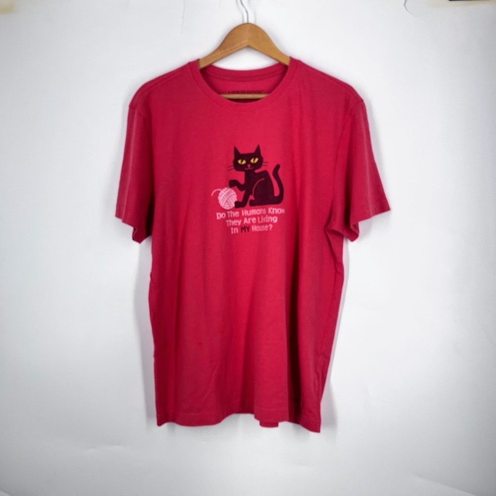 Life is Good Mens Crusher Tee Pink Black Cat Humor Graphic T-Shirt Large